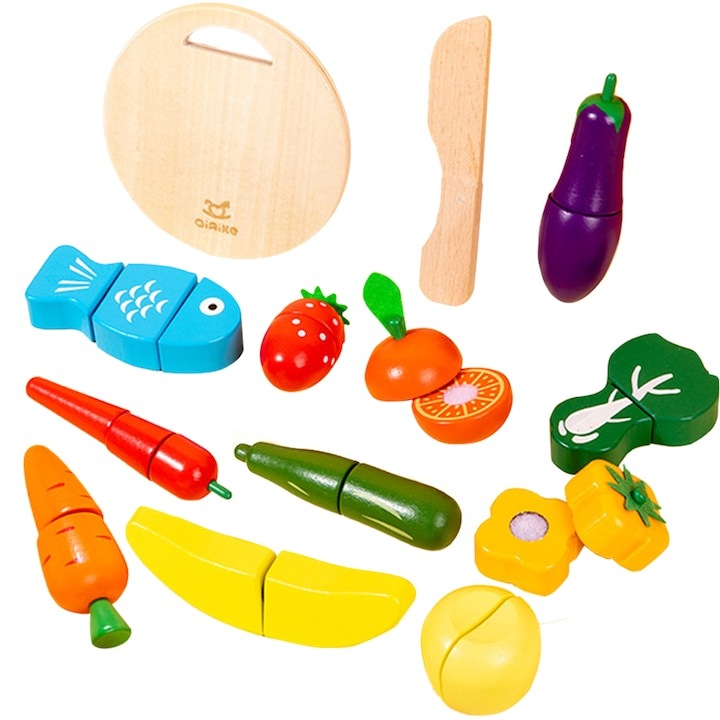 Set de legume din lemn pentru copii, WELUOT, 10 legume cu arici, cutit din lemn, 3 ani+