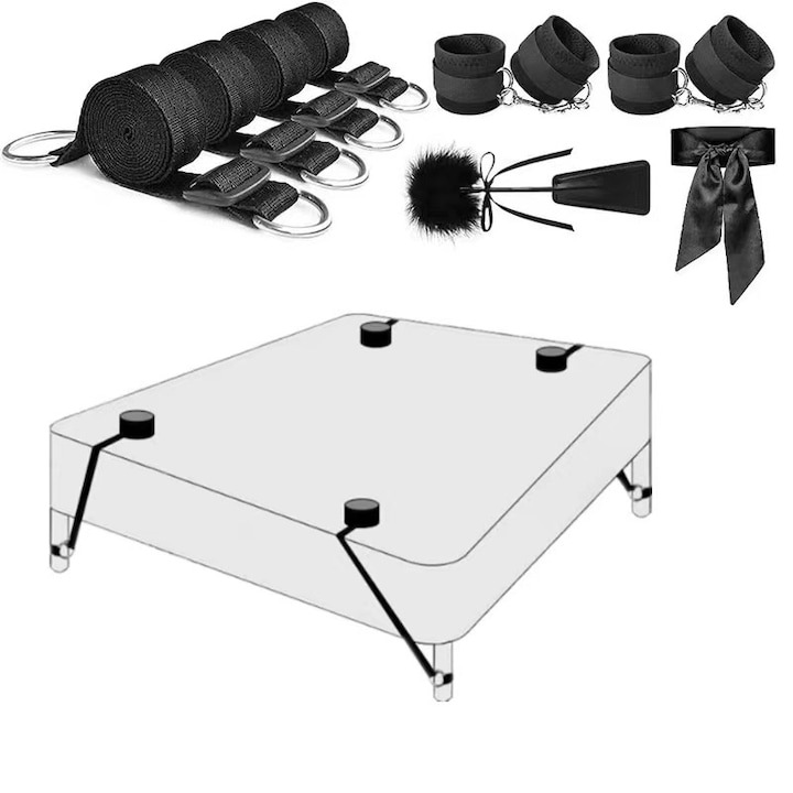 Бондидж комплект аксесоари, Колани за завързване за легло, Белезници, Маска, Камшик с перо, Черен