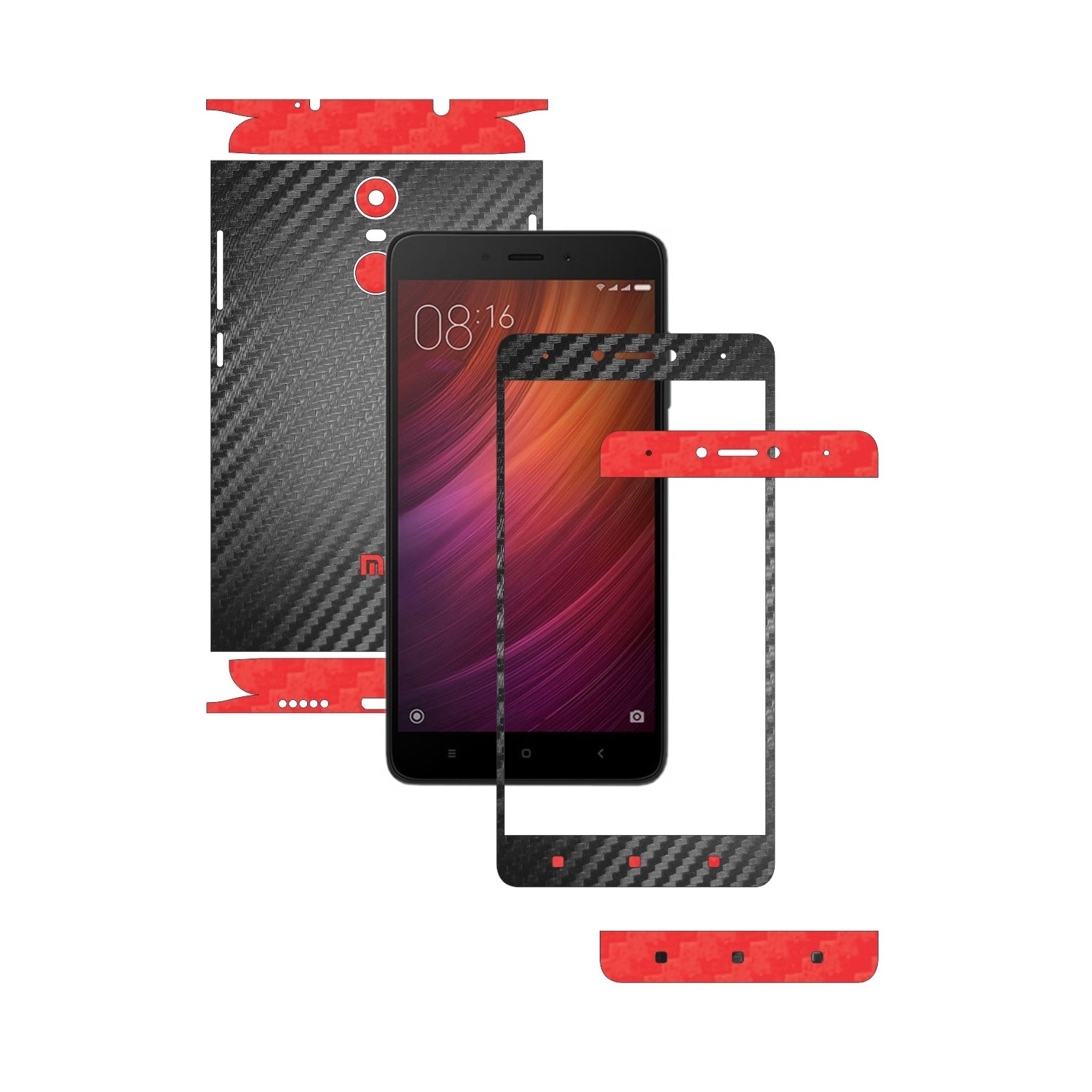 Folie de protectie Full Body Carbon Skinz, Acoperire Totala, Two Tone Negru / Rosu dedicata Xiaomi Redmi Note 4, 4X