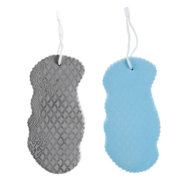 Bliibee, fürdőszivacs, gyengéd bőrtisztító, babapiskóta, mindkét oldalon texturált, vezetékes, 2,7 x 14 cm-es kiszerelés, szürke és kék