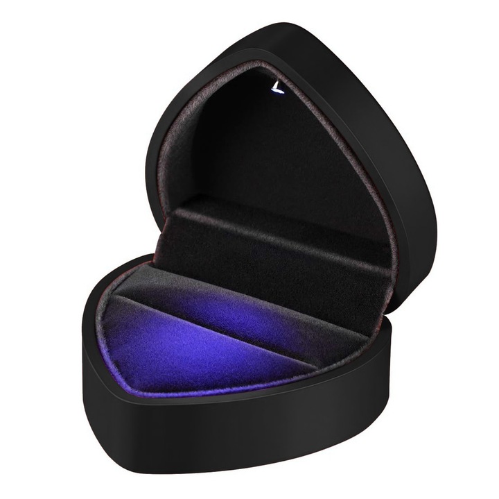 Светодиодна подаръчна кутия със сърце, светеща кадифена кутия за съхранение на обеци за бижута за дисплей за бижута Черна