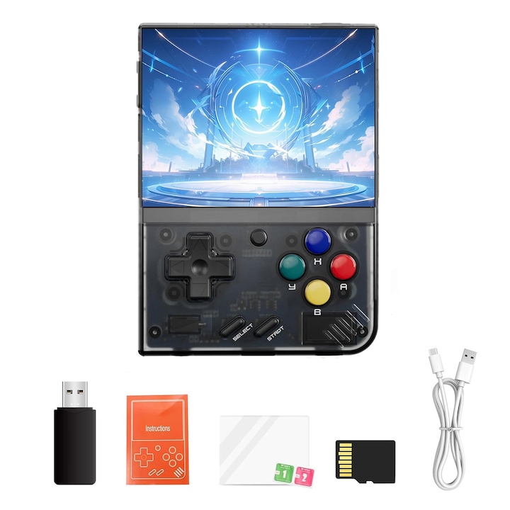 Преносима игрова конзола Miyoo Mini Plus, Axroad Mall, 3,5-инчов IPS екран, резолюция 640x480, Поддържа безжичен геймпад и HDMI TV изход, 3000mAh, Тип c зареждане, С 5500+ игри, Съвместим с множество емулатори, Прозрачен/черен