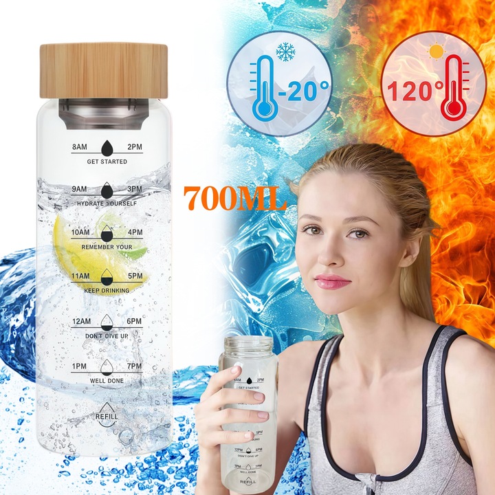 Бутилка за настойка за чай от 700 ml, развълнувана, с бамбукова настойка и капак, непропусклива, изработена от боросиликатно стъкло, подходяща за офис, кола, фитнес зала и пътуване, прозрачна