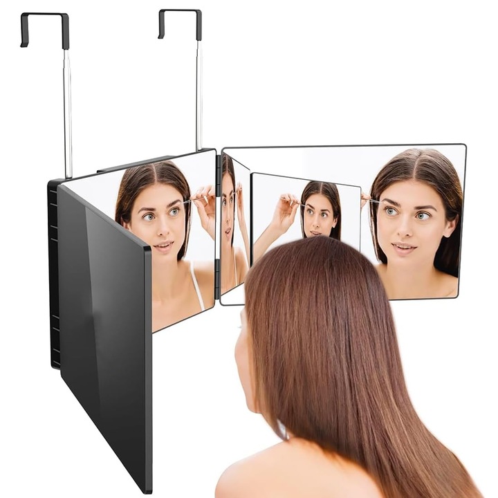 Oglinda 360°, Oglinda Cosmetica Portabila, Sistem Agatare, Pliabila, Oglinda Auto-Taiere 360°, cu Lumini LED Reglabile, Inaltime Reglabila, Potrivit Pentru Coafare, Barbierit, Ingrijire, Colorare si Machiaj, ABS, Negru