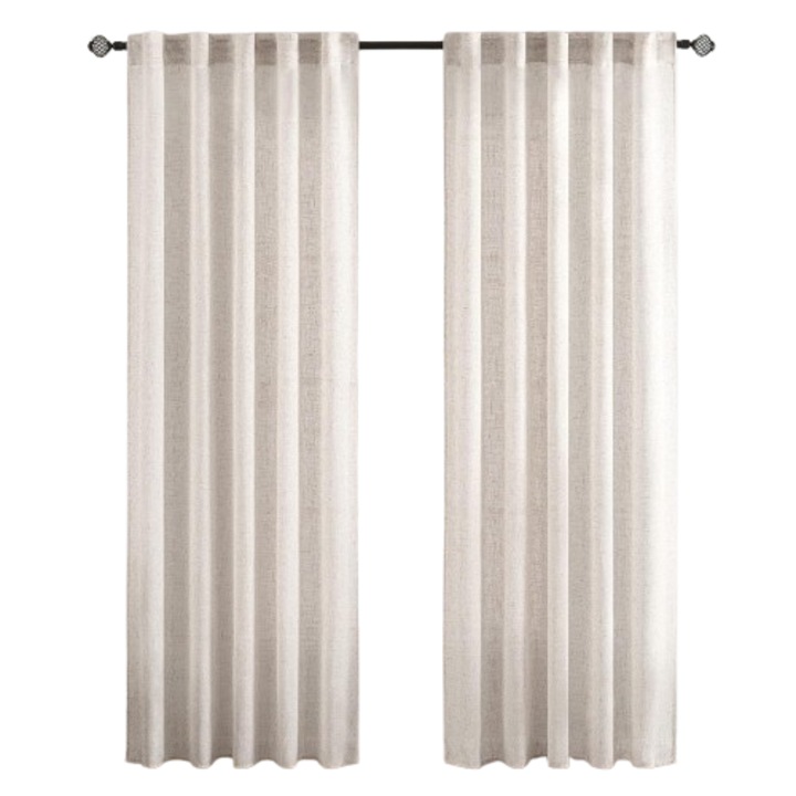 Set 2 perdele, 140 x 247 cm, cu prindere de bara, aspect de in, semi - transparente, stil rustic, perfecte pentru ferestre si usi dormitor/ living, Alb natural