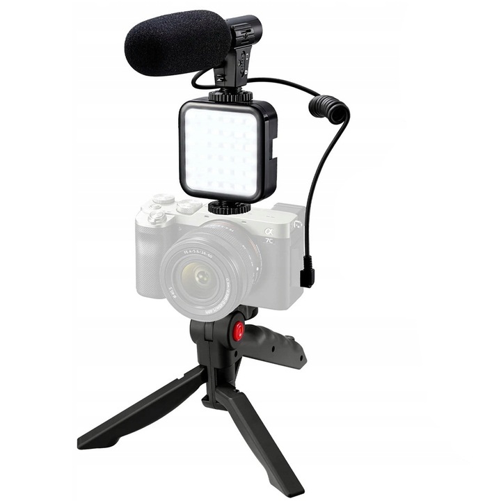 Kit stabilizator pentru telefon si camera, Zola, 3 axe, lumina LED, trepied, selfie stick, microfon si telecomanda Bluetooth, din plastic, negru