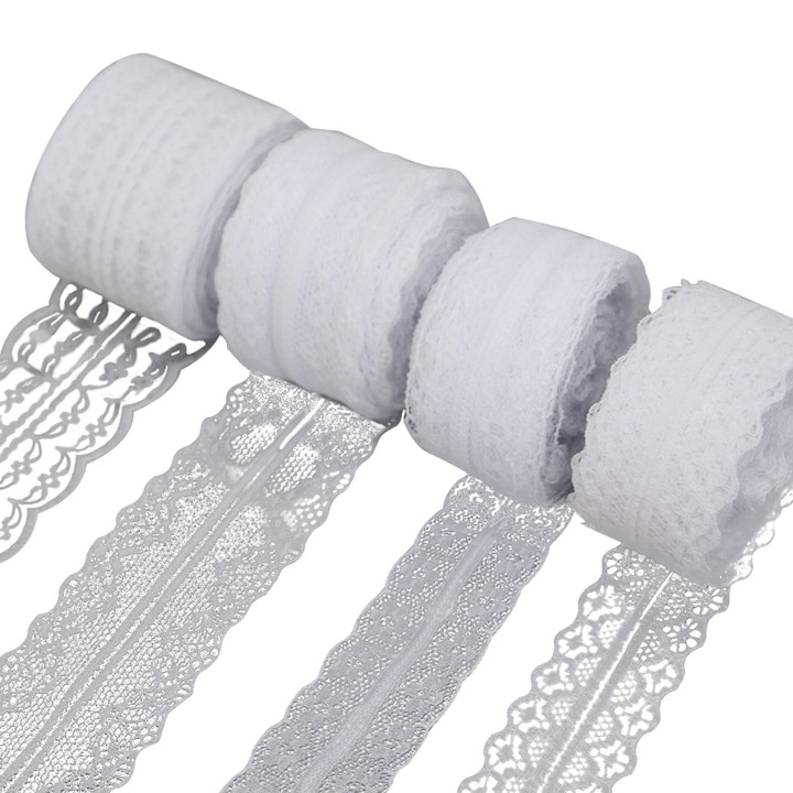 Комплект от 4 дантелени панделки, WELUOT, бели, ширина 3-4,5 см, 10 м