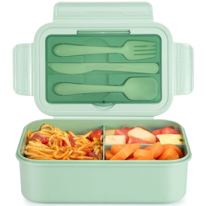 Cutie alimentara WELUOT, set 3 compartimente cu tacamuri, verde, 20x15x7cm