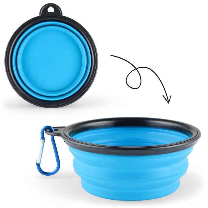 Bol pliabil din silicon, zioda smart essentials®, de mancare si apa pentru caini, pisici, animale de companie, cu capac si carabina metalica, pentru plimbari, drumetii, calatorii, compact, portabil, rezistent la deformare, 350ml, albastru deschis