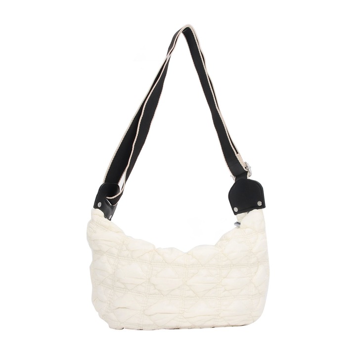 Női válltáska, hosszúkás, pufi, fehér, cipzáras, nagy kapacitású
