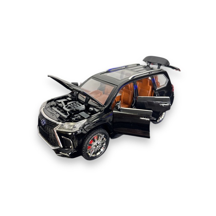 Lexus LX570 vízbázisú füstölgő fémmodell valósághű motorral és riasztófényekkel és hangokkal, visszahúzási funkcióval, ajtónyitó funkcióval - fekete