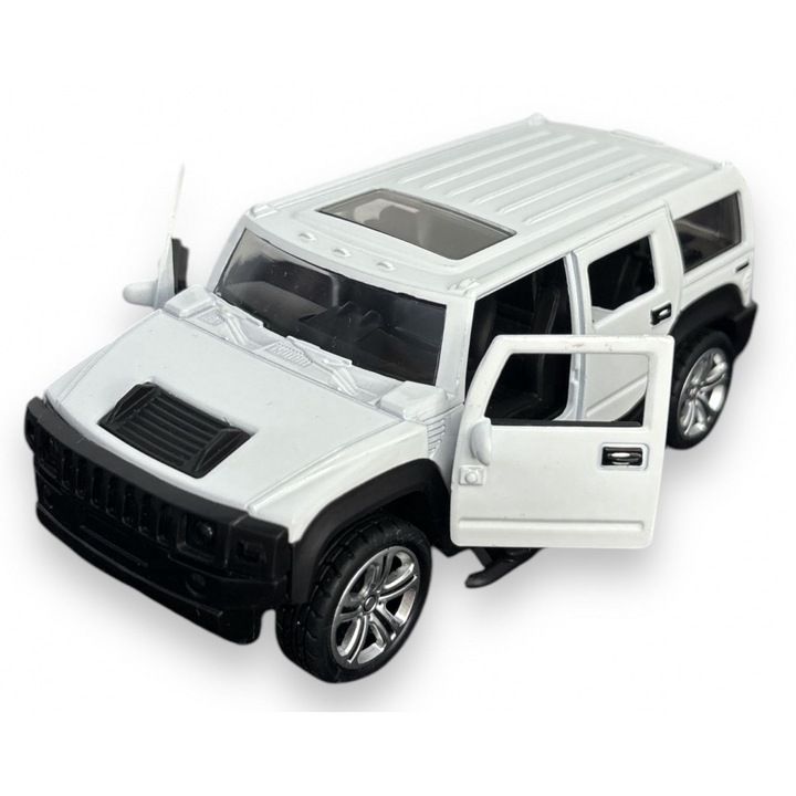 Macheta Hummer, din Metal, cu Lumini si Sunete realistice de Motor si Alarma, cu Functie Pull-Back, cu Functie de Deschidere a Usilor - Alb