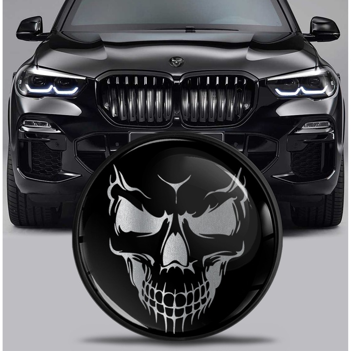 SkinoEu 82 mm-es BMW-kompatibilis első motorháztető hátsó csomagtartó embléma koponya fekete/ezüst EX 2