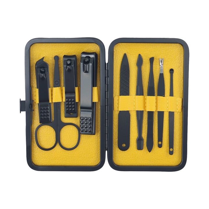 OEM Manikűr/pedikűr készlet, 9 részes, rozsdamentes acél, tárolótáska, YLT-9143, fekete