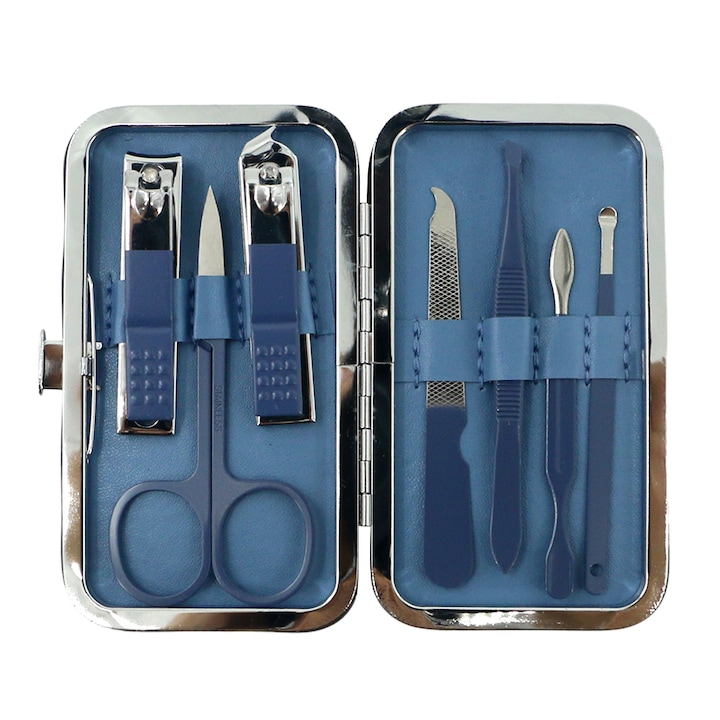 Manikűr/pedikűr készlet, 7 részes, rozsdamentes acél, tárolótáska, YLT-M697, kék