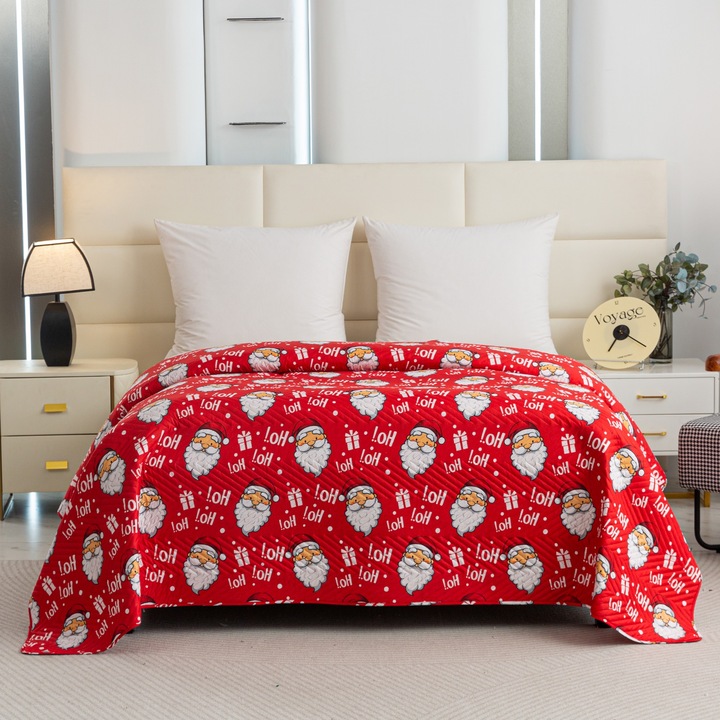 Cuvertura de pat de Craciun, 220 x 200 cm, plapuma patura canapea din microfibra, HO HO HO