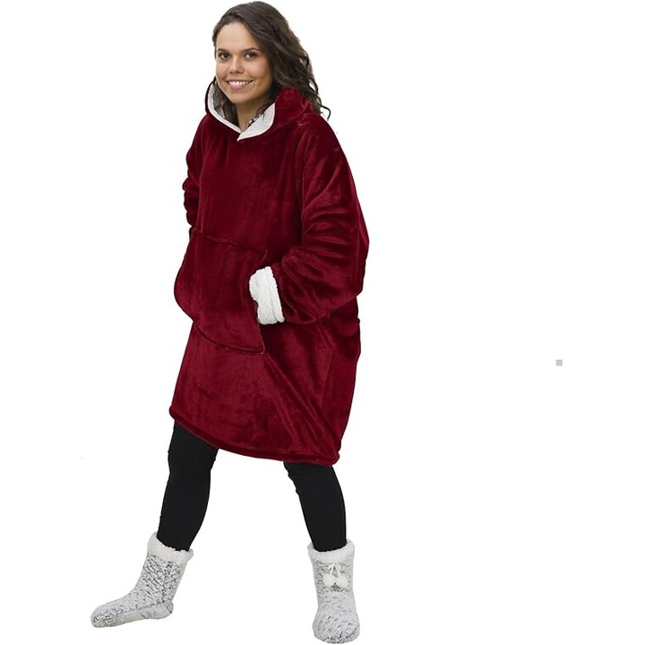 Hanorac Patura Cu Gluga Si Maneci, EMATTERIO®, Captusit, Usor si Calduros, Marime Universala, Rosu