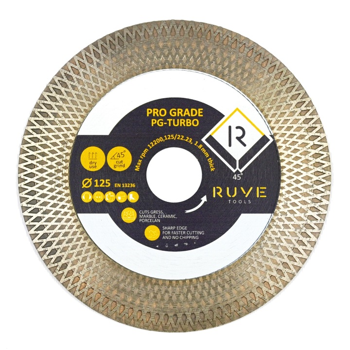 Диамантен диск Ruve Pro Grade PG-Turbo, За рязане и шлайфане под 45 градуса, 125мм