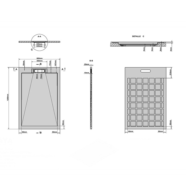 Cadita de dus, Negru Marquina, finisaj Marble Mat, compozit mineral, dimensiuni 120 x 80 cm, decupabila, Antonio