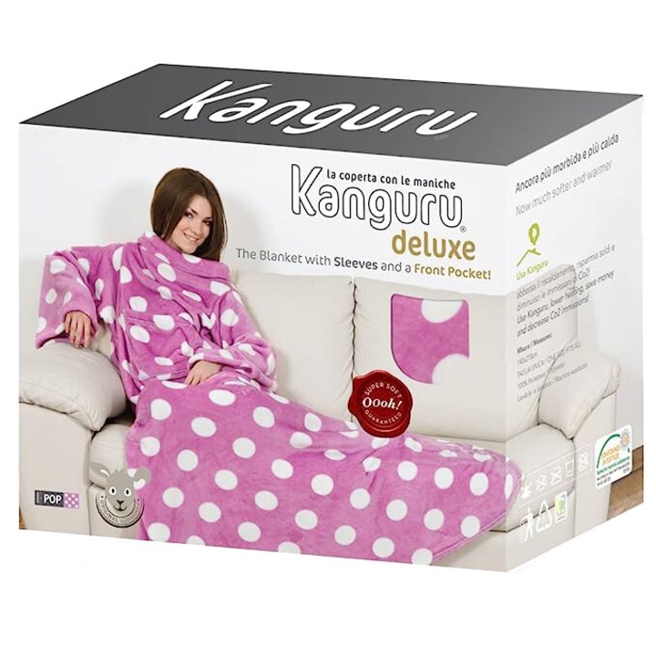 Patura cu maneci, Kanguru, Lata, Practica, Marime universala, Poliester, 140x210 cm, Roz/Alb