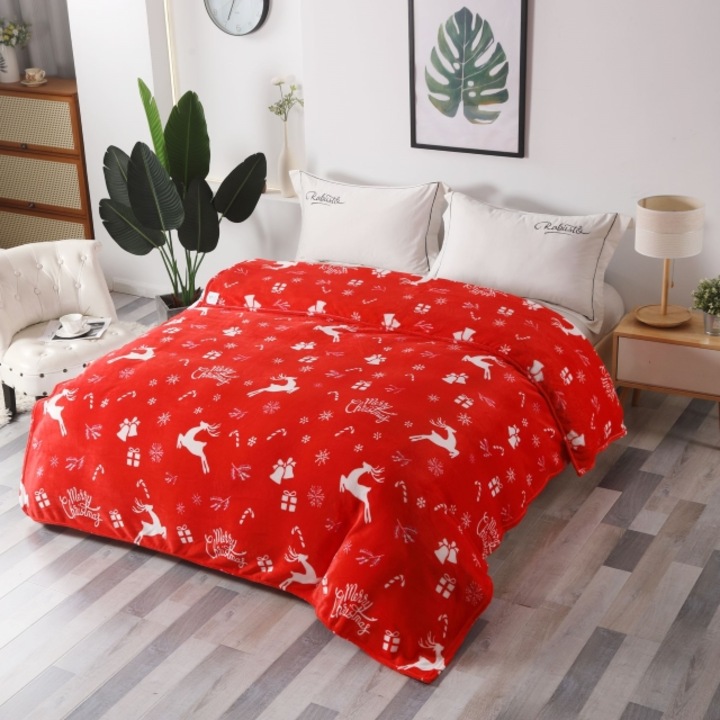 Patura Dubla Cocolino, 2 persoane, 200x230cm, Imprimeu Craciun, Reni si Daruri, Rosu-Alb