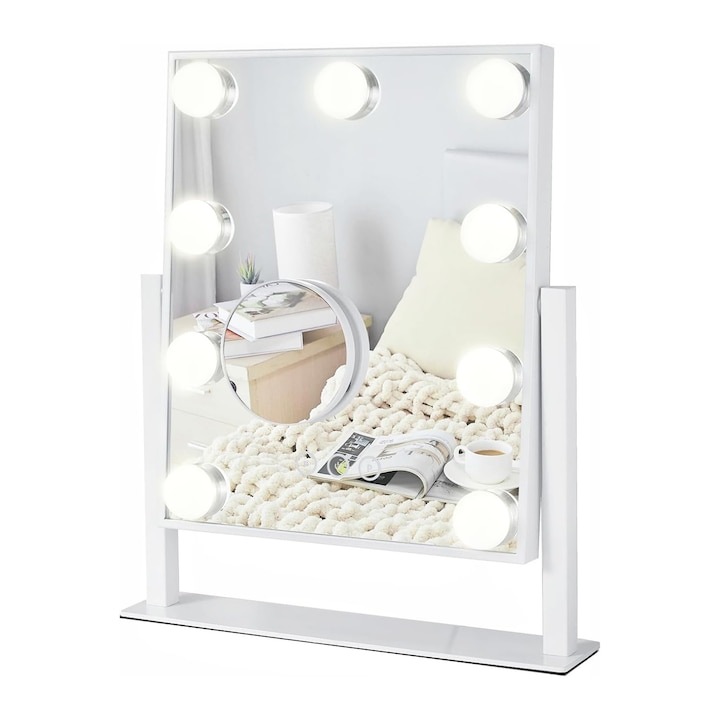 Козметично огледало WELUOT, с 9 крушки, 10X подвижно огледало, бяло