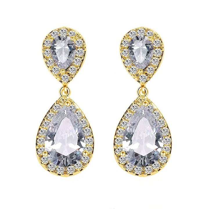 WELUOT vízcsepp fülbevaló, cirkónia, arany, 28x21mm, ajándéktasakkal szett