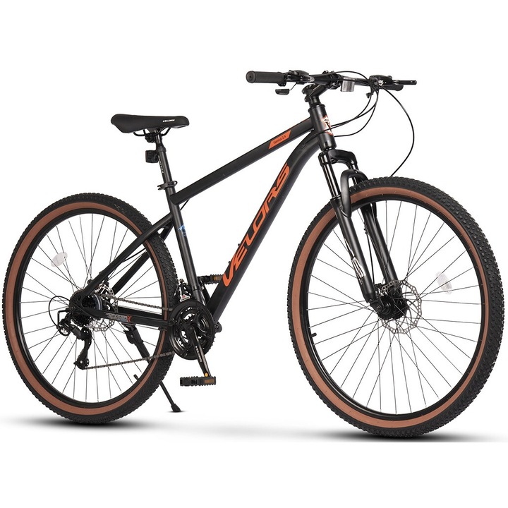MTB велосипед с 29" колела, оборудване Carpet Line, последователни лостове, дискови спирачки, 21 скорости, черно/оранжево, планински велосипед Velors Genius 2.9 с интегрирани кабели в рамката