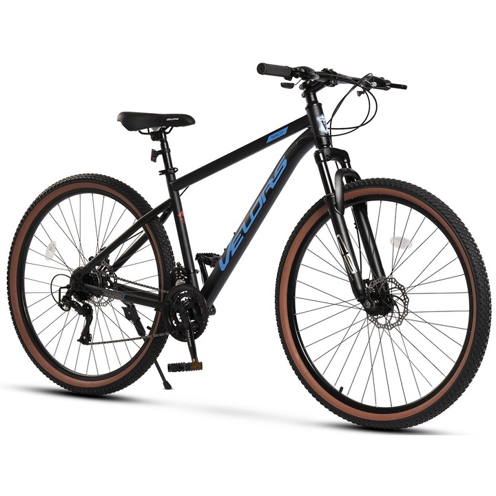 MTB велосипед с 29" колела, оборудване Carpet Line, последователни лостове, дискови спирачки, 21 скорости, черно/синьо, планински велосипед Velors Genius 2.9 с интегрирани кабели в рамката