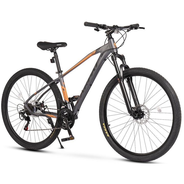 Bicicleta MTB cu Roti de 29", Echipare Shimano/Carpat, Manete Secventiale, Frane DISC, 21 Viteze, gri/negru/portocaliu, Mountain Bike Carpat Ian 2.9 cu Cadru Aluminiu si cabluri integrate