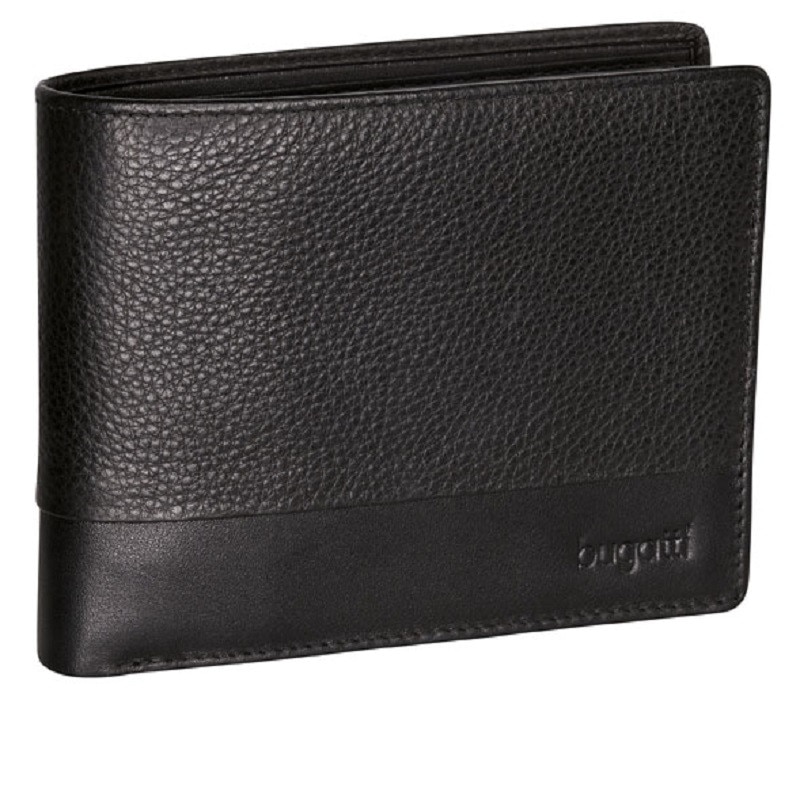 Portofel pentru barbati Bugatti Atlanta, Din piele naturala nappa si poliester, 12 x 9,5 cm, Negru