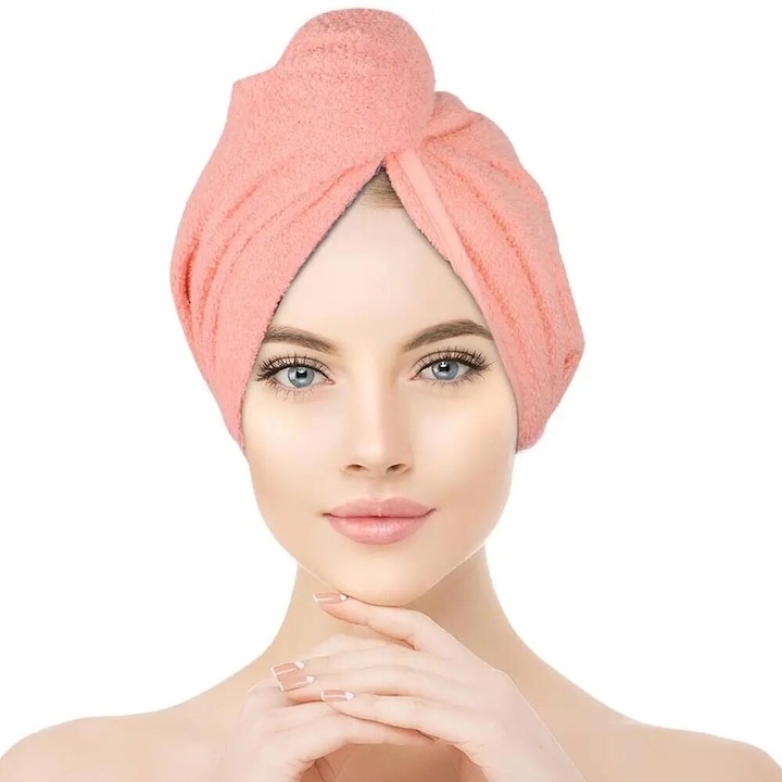 Кърпа за сушене на коса, WELUOT, тип тюрбан, микрофибър, корал