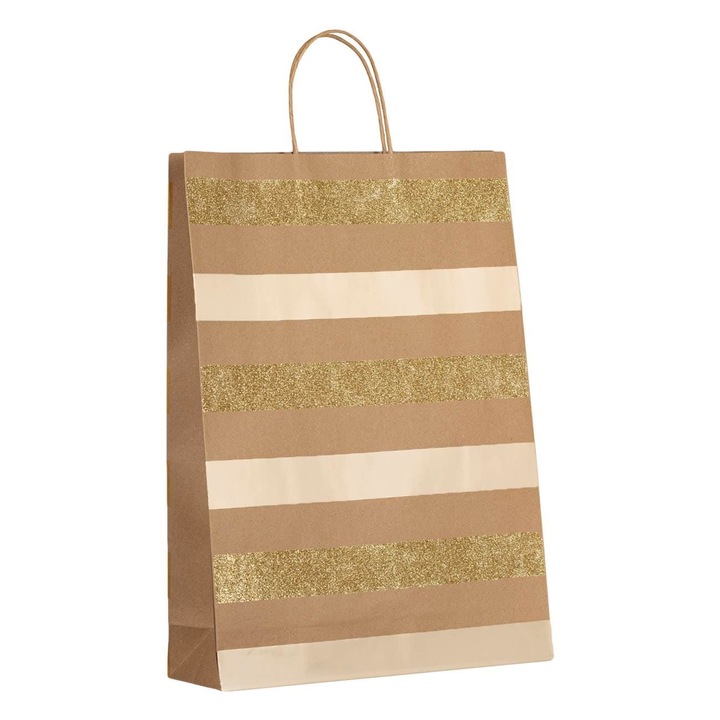Sacosa pentru cadou kraft dungi folie aurie glitter 32.5x10x45cm
