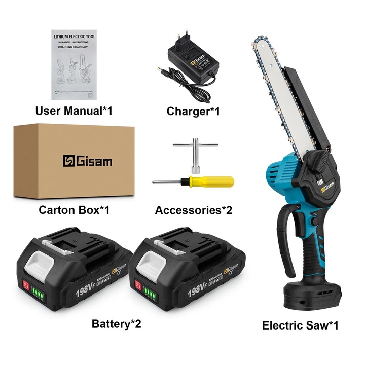 Akkus láncfűrész, Gisam, 18V, 2 elem, kefe nélküli motor, automatikus kenés