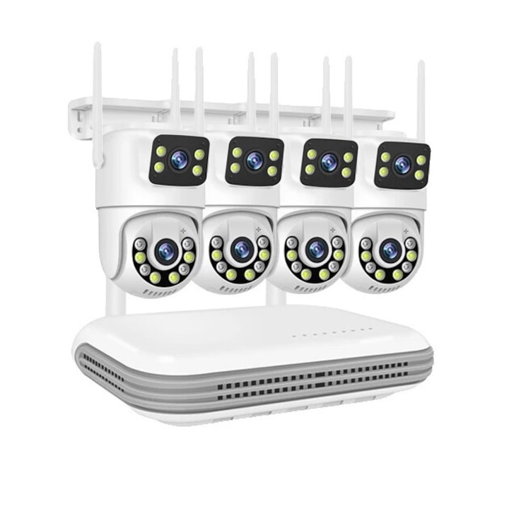 Sistem de supraveghere CCTV, 8 canale NVR, cu 4 camere, 6MP, lentile duble, alb