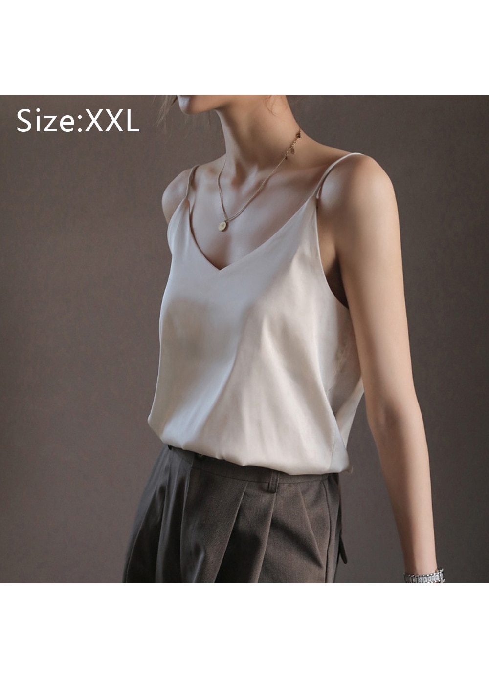 Maieu dama, BGHYHYHI, satin, decolteu in V, fara maneci, bej, XL