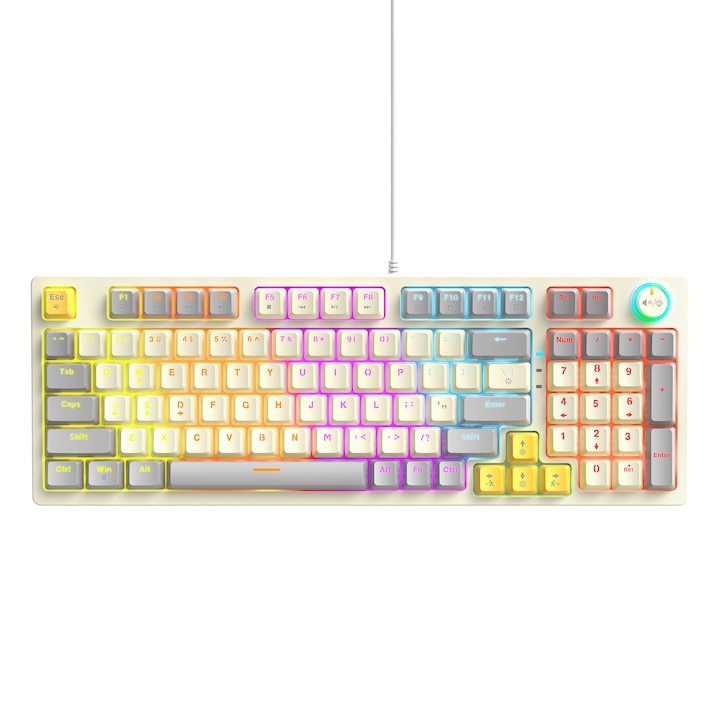 Tastatura, Ax Cyan, 97 taste, 12 lumini dinamice RGB, Reglare buton, Culoare duplex, Gri si alb