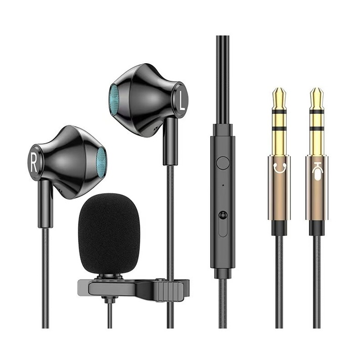 Casti cu fir, Set microfoane lavaliera cu fir, 2 bucati, compatibilitate universala, 3.5mm, rezistente la apa IPX4,2 m, Negre