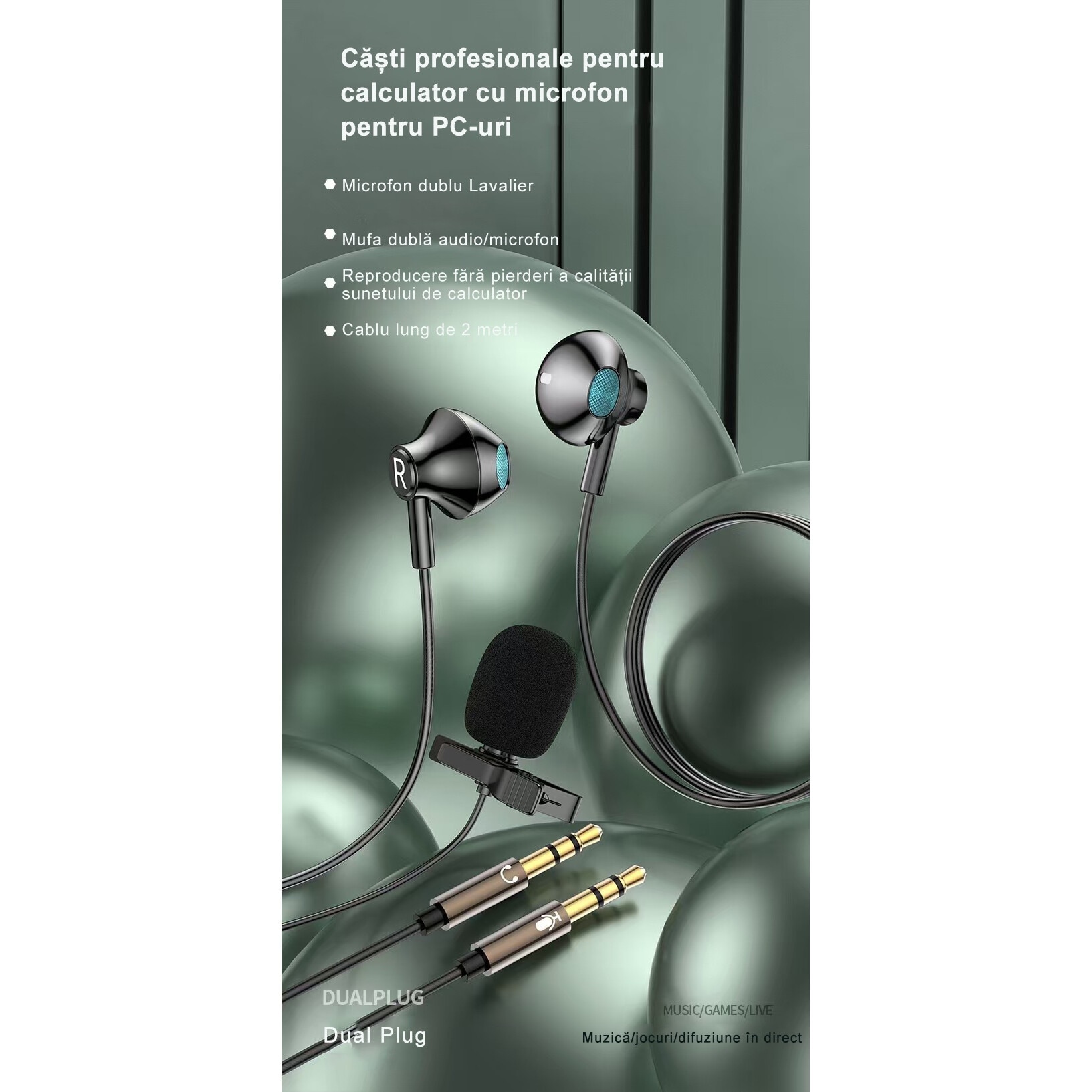 Casti cu fir, Set microfoane lavaliera cu fir, 2 bucati, compatibilitate universala, 3.5mm, rezistente la apa IPX4,2 m, Negre