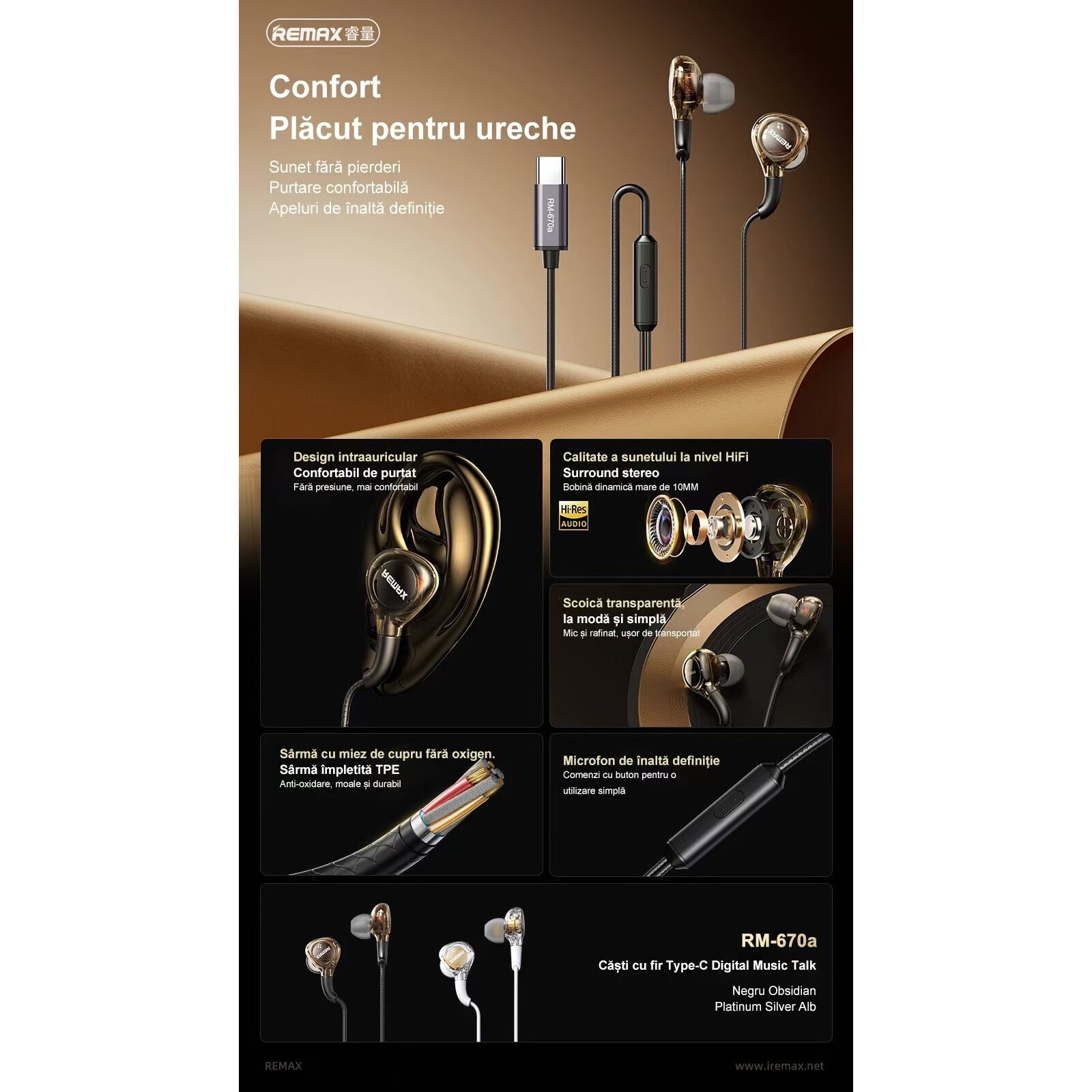 Casti cu fir, 12mm, sunet puternic, design ergonomic, alb