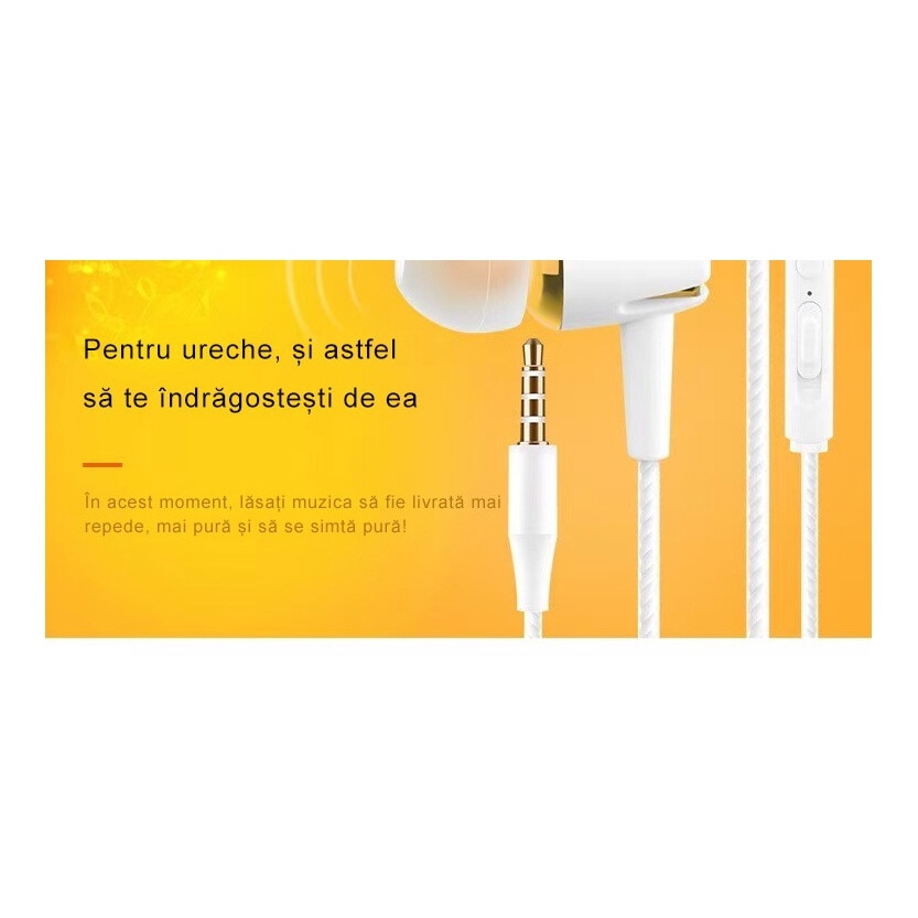 Casti cu fir, in-ear, cu microfon, izolare fonica, varfuri din spuma cu memorie, aurii, 1.3m