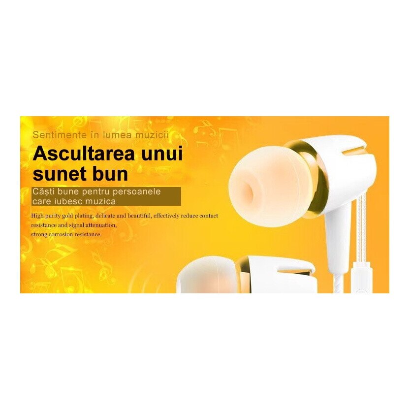 Casti cu fir, in-ear, cu microfon, izolare fonica, varfuri din spuma cu memorie, aurii, 1.3m