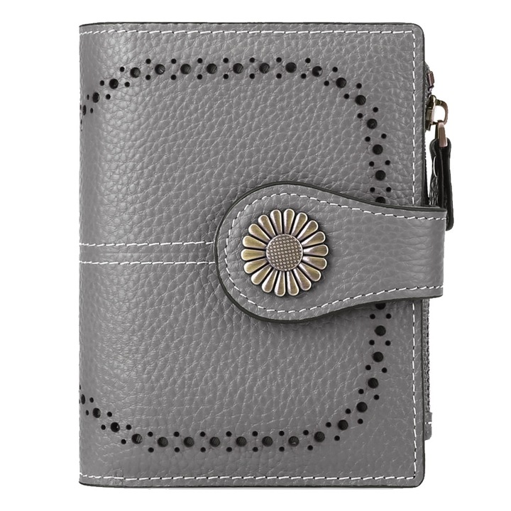 Дамски портфейл AMRNUGL, естествена кожа, сив, 10 х 12,5 х 2,5 см