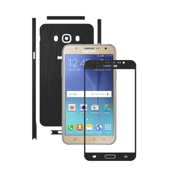 1 + 1 GRATUIT - Samsung Galaxy J7 2016 - Brushed Negru - Folie de protectie Carbon Skinz, Husa Full Body Cover de tip Skin Adeziv pentru Rama Ecran,Carcasa Spate si Laterale