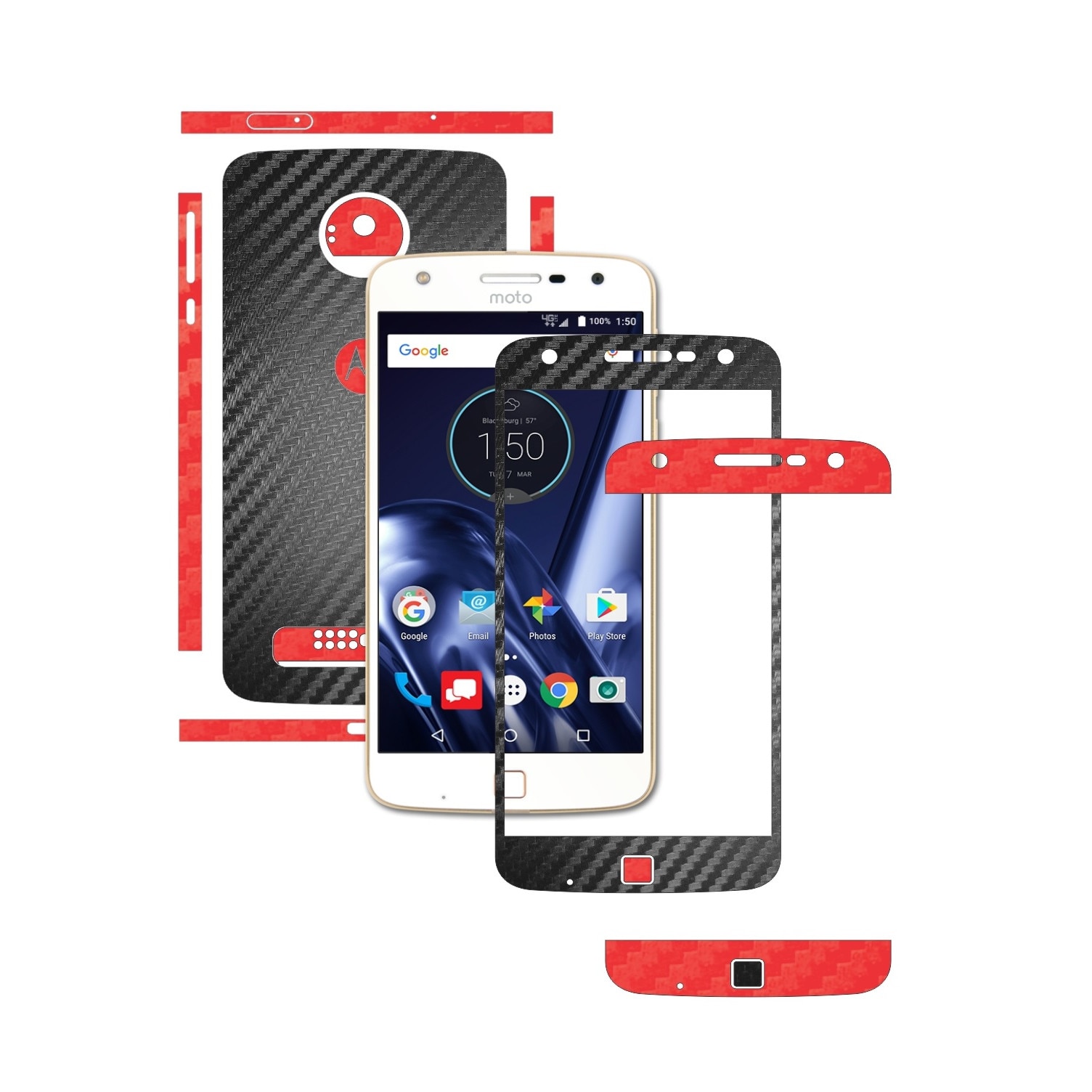 Folie de protectie Full Body Carbon Skinz, Acoperire Totala, Two Tone Negru / Rosu dedicata Motorola Moto Z Play