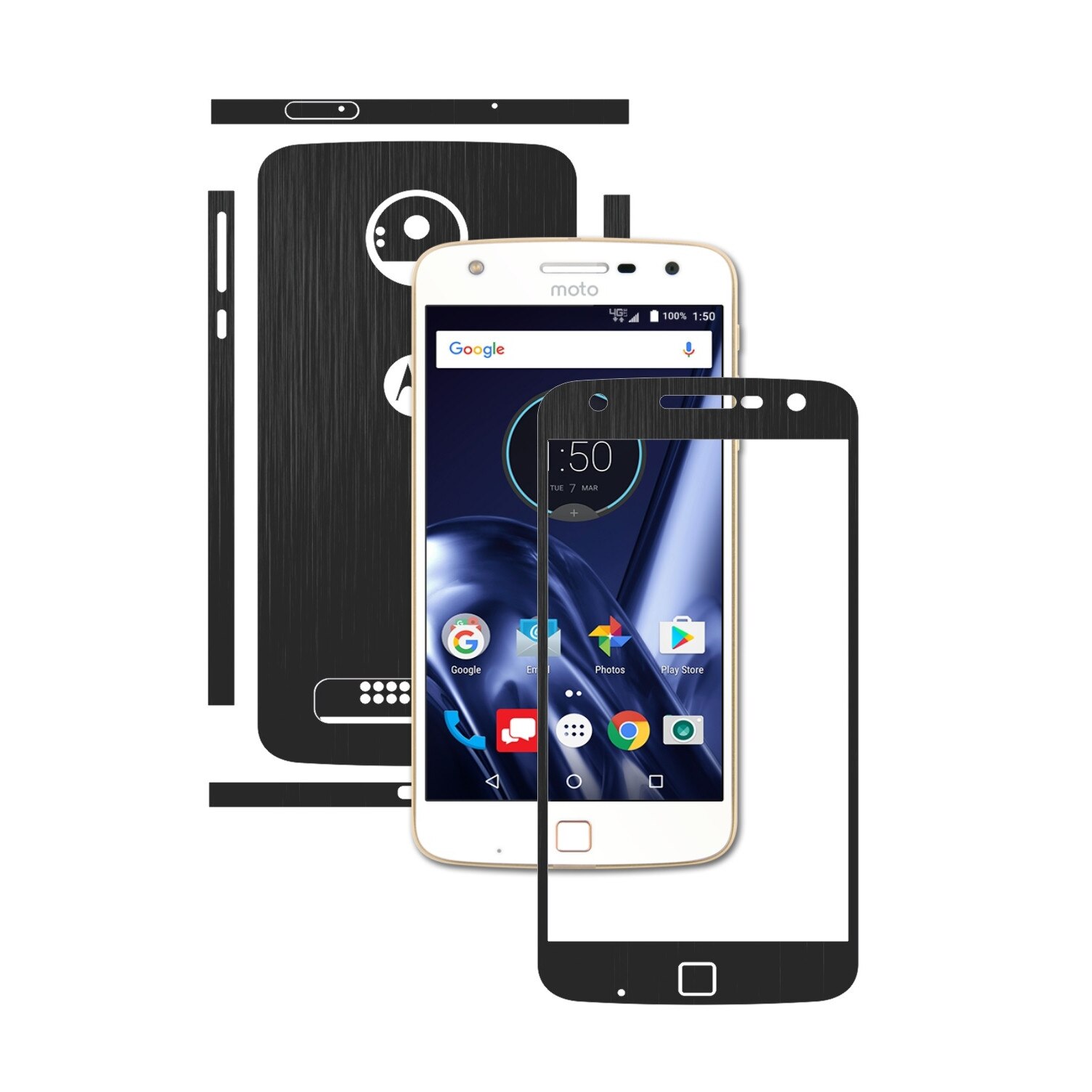 1 + 1 GRATUIT - Motorola Moto Z Play - Brushed Negru - Folie de protectie Carbon Skinz, Husa Full Body Cover de tip Skin Adeziv pentru Rama Ecran,Carcasa Spate si Laterale