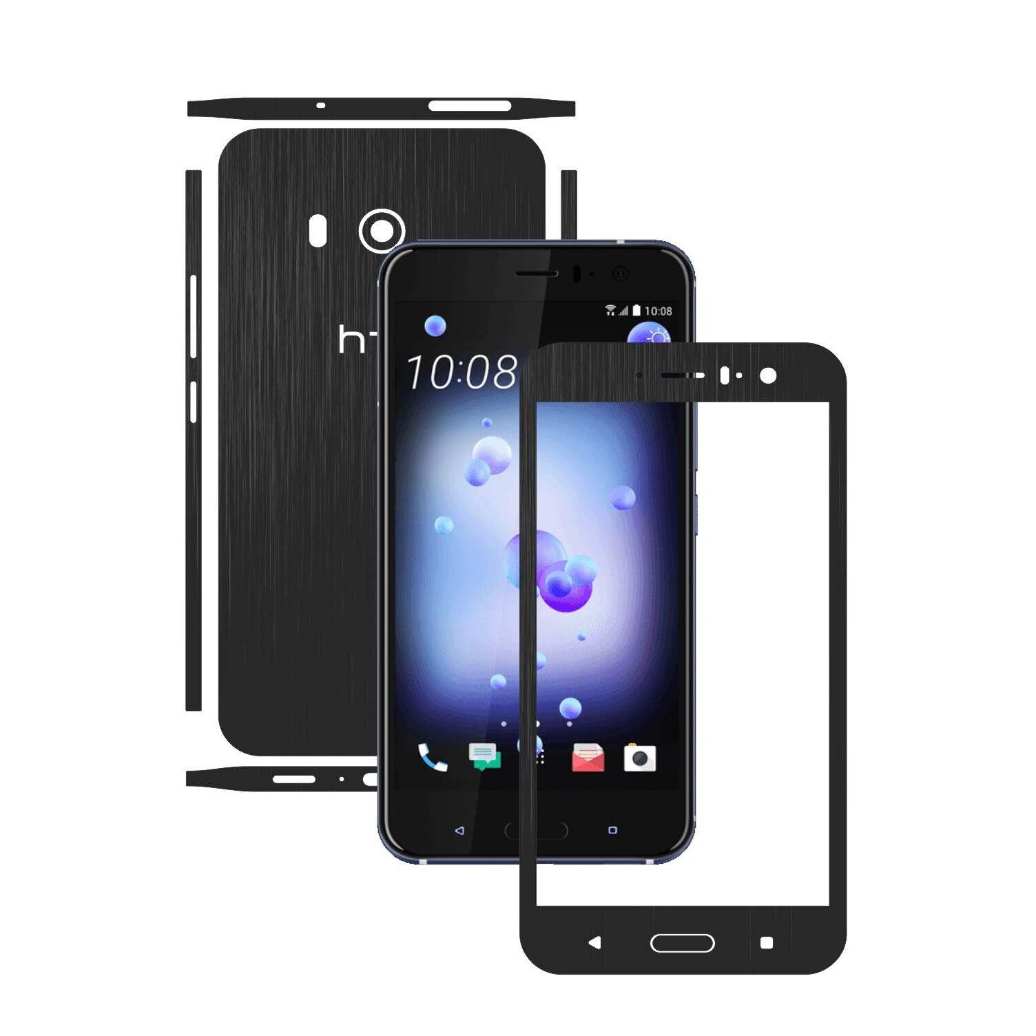 1 + 1 GRATUIT - HTC U11 - Brushed Negru - Folie de protectie Carbon Skinz, Husa Full Body Cover de tip Skin Adeziv pentru Rama Ecran,Carcasa Spate si Laterale