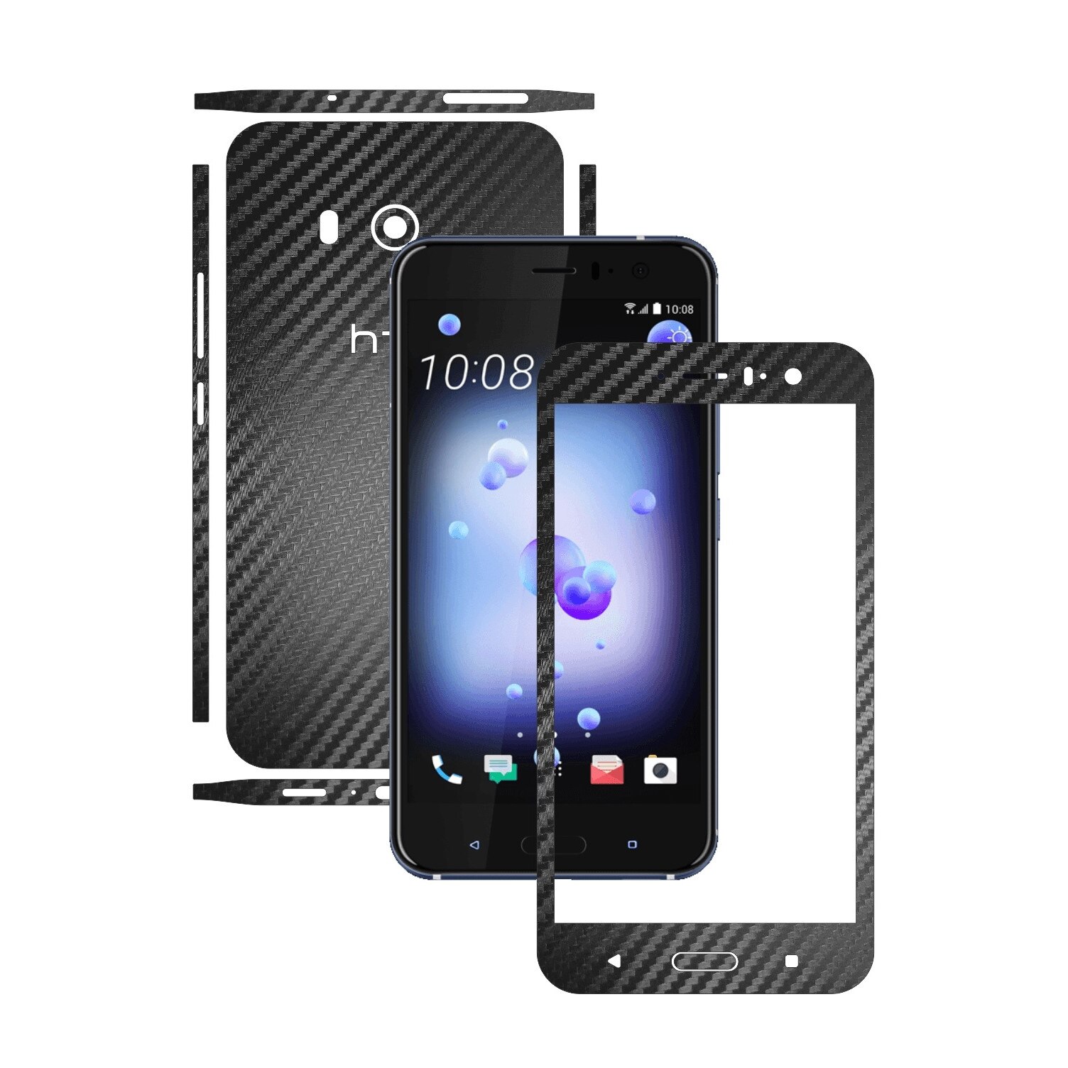 1 + 1 GRATUIT - HTC U11 - Carbon Negru - Folie de protectie Carbon Skinz, Husa Full Body Cover de tip Skin Adeziv pentru Rama Ecran,Carcasa Spate si Laterale