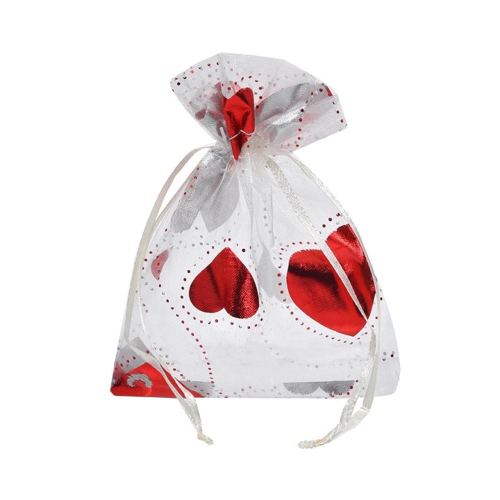 Saculet Ambalare Organza, Model Inimi, Alb, 13x10cm