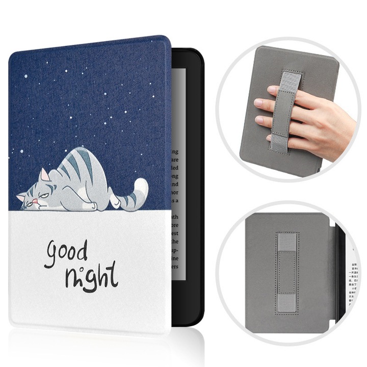 Husa pentru Kindle 2024 / Kindle 2022 11th Generation, SINSELET, 6 inch, cu maner, trezire automata si somn, pisica